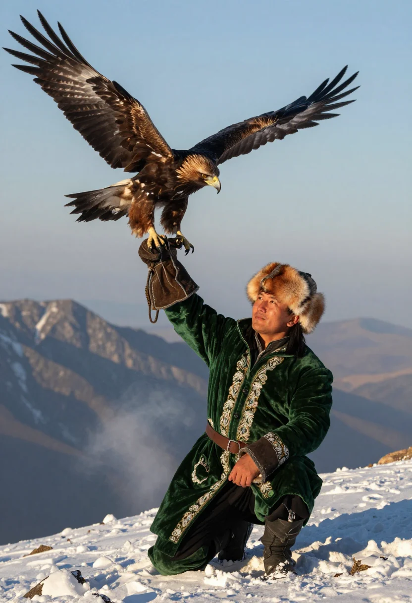 AI eagle hunter berkutchi sample — dynamic half-length portrait of a berkutchi crouched on a sn