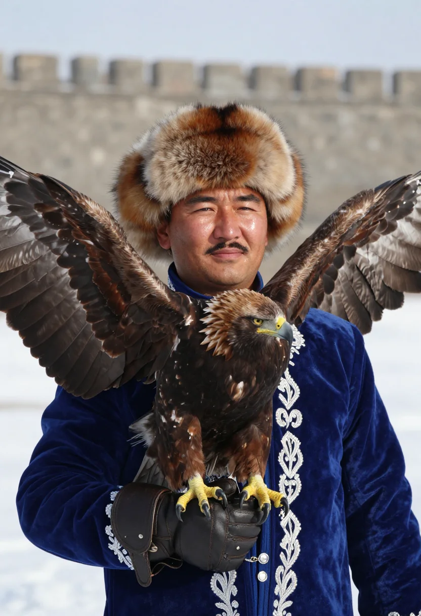 AI eagle hunter berkutchi sample — close bust-length portrait of a berkutchi, a Kazakh man with