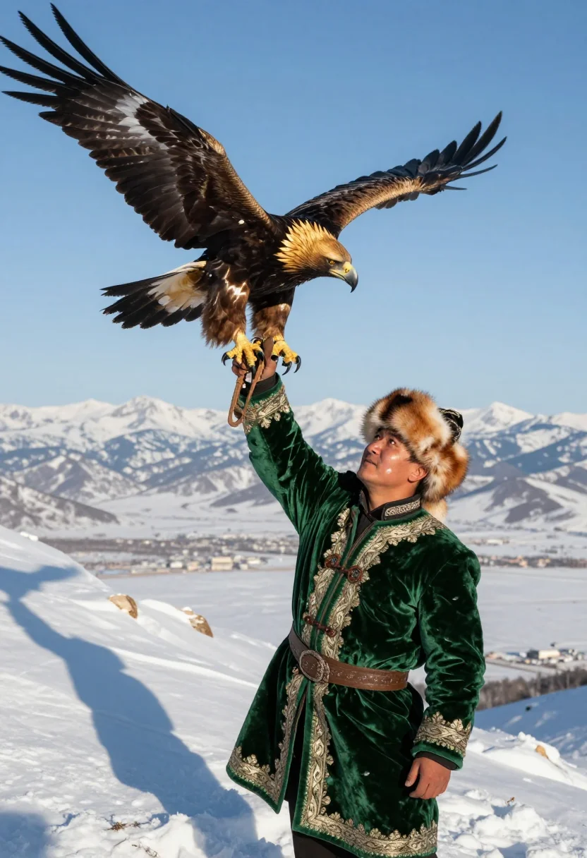 AI eagle hunter berkutchi sample — dynamic half-length portrait of a berkutchi launching their