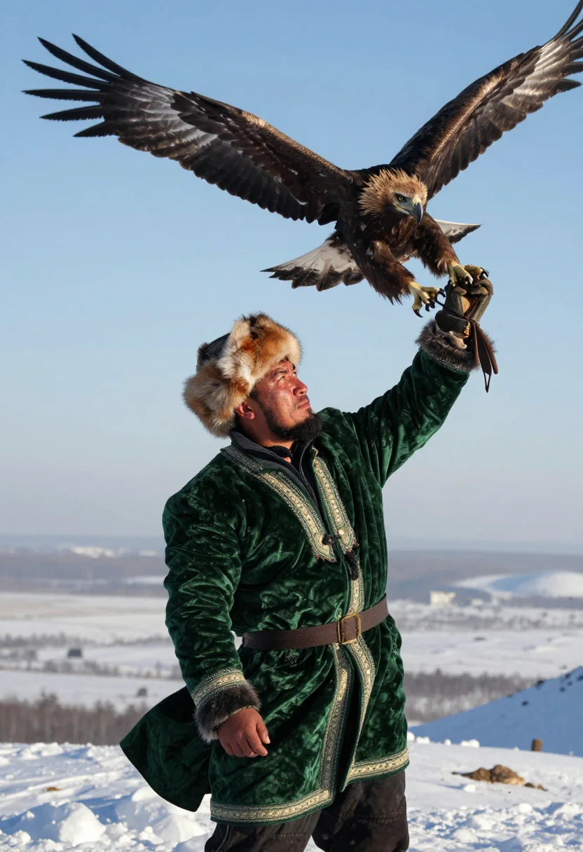 AI eagle hunter berkutchi sample — dynamic three-quarter-length portrait of a berkutchi watchin