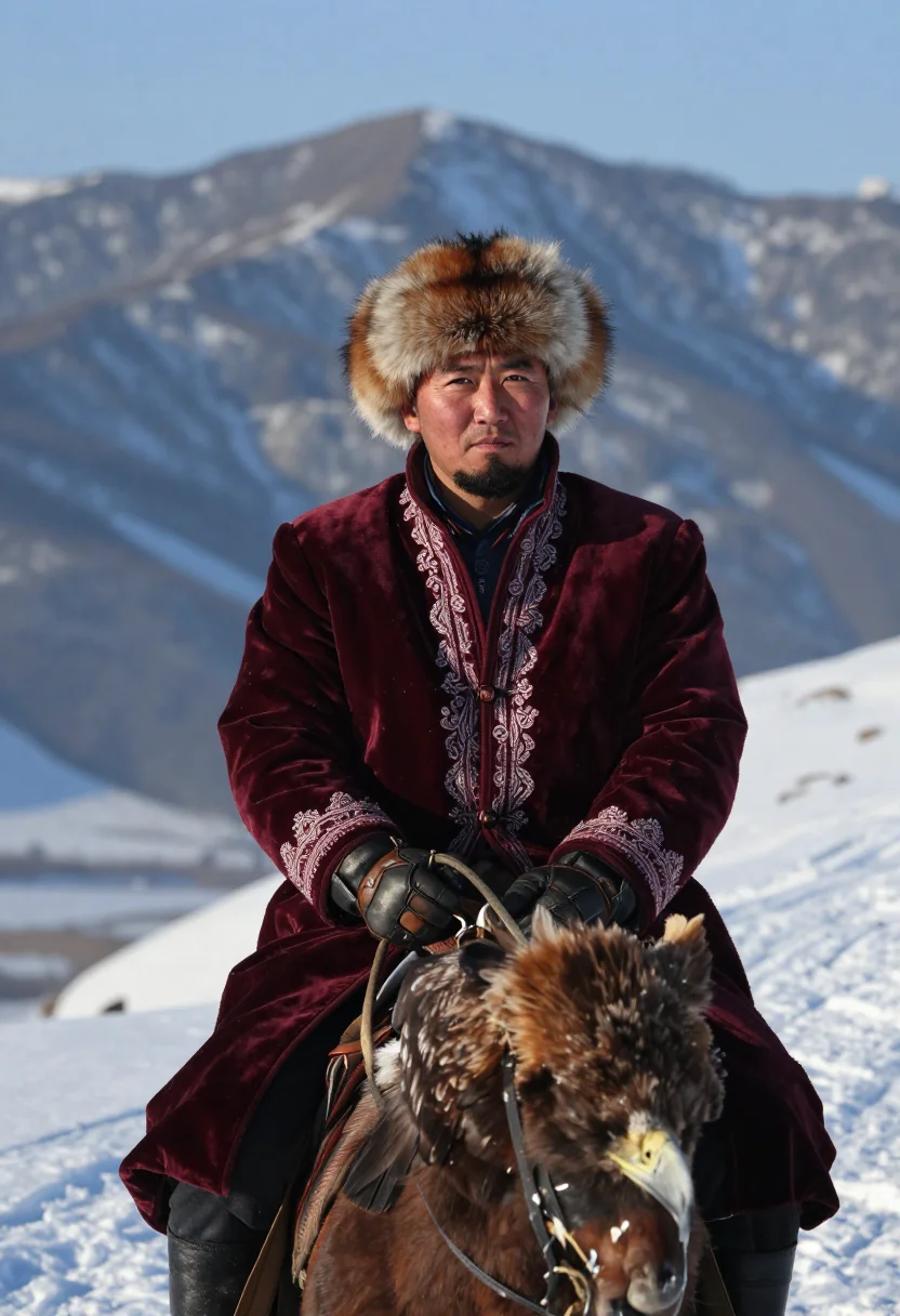 AI eagle hunter berkutchi sample — candid half-length portrait of a berkutchi riding along a fr