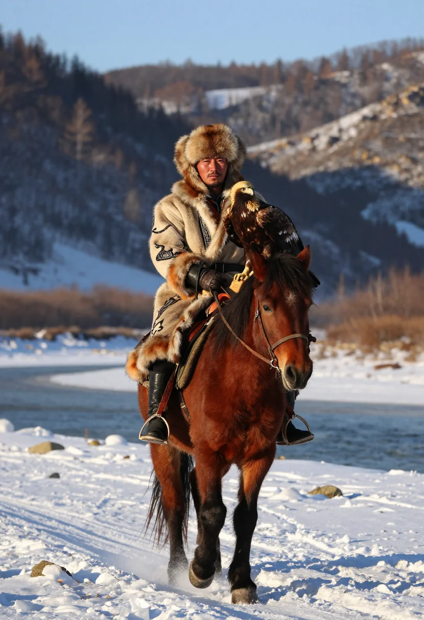 AI eagle hunter sample — full-length portrait of a Kazakh man in his thirties with we