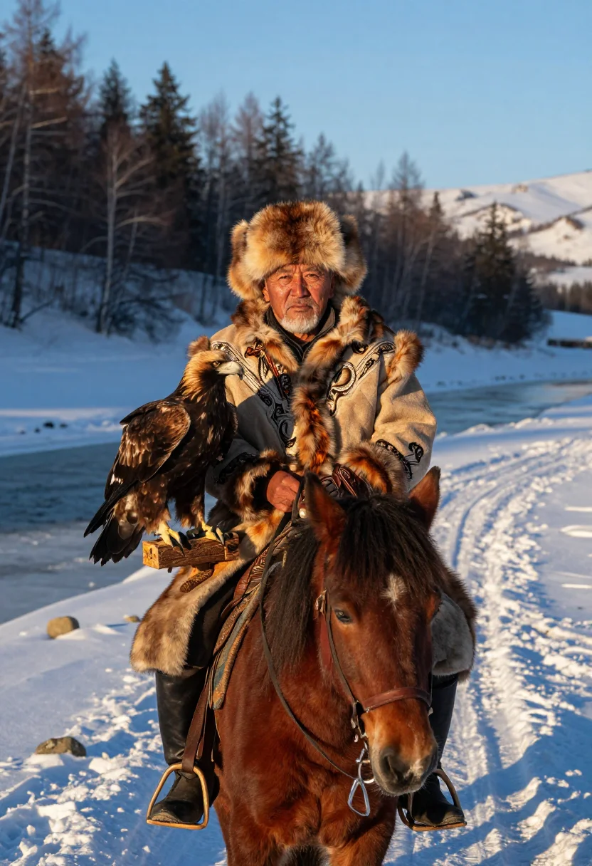 AI eagle hunter sample — chest-up portrait of a Kazakh man in his sixties with deeply