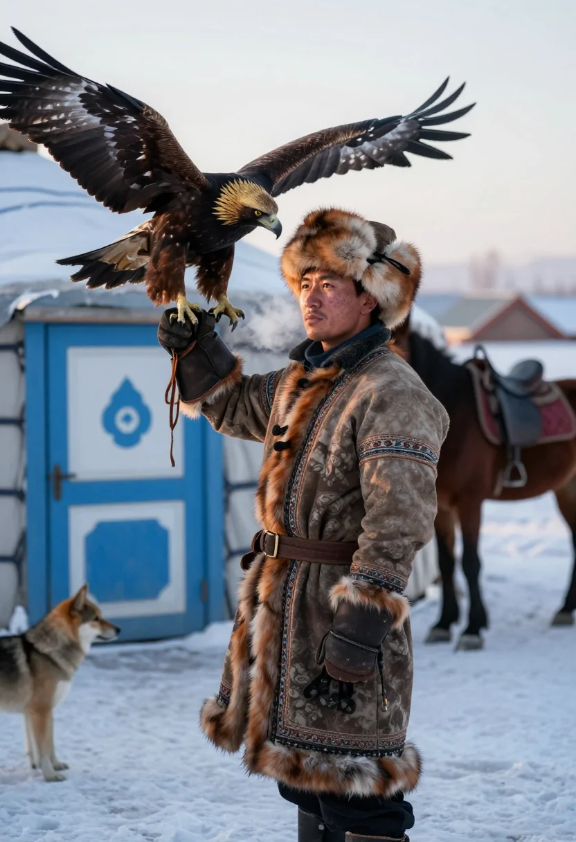 AI eagle hunter sample — half-length portrait of a Kazakh man in his twenties with we
