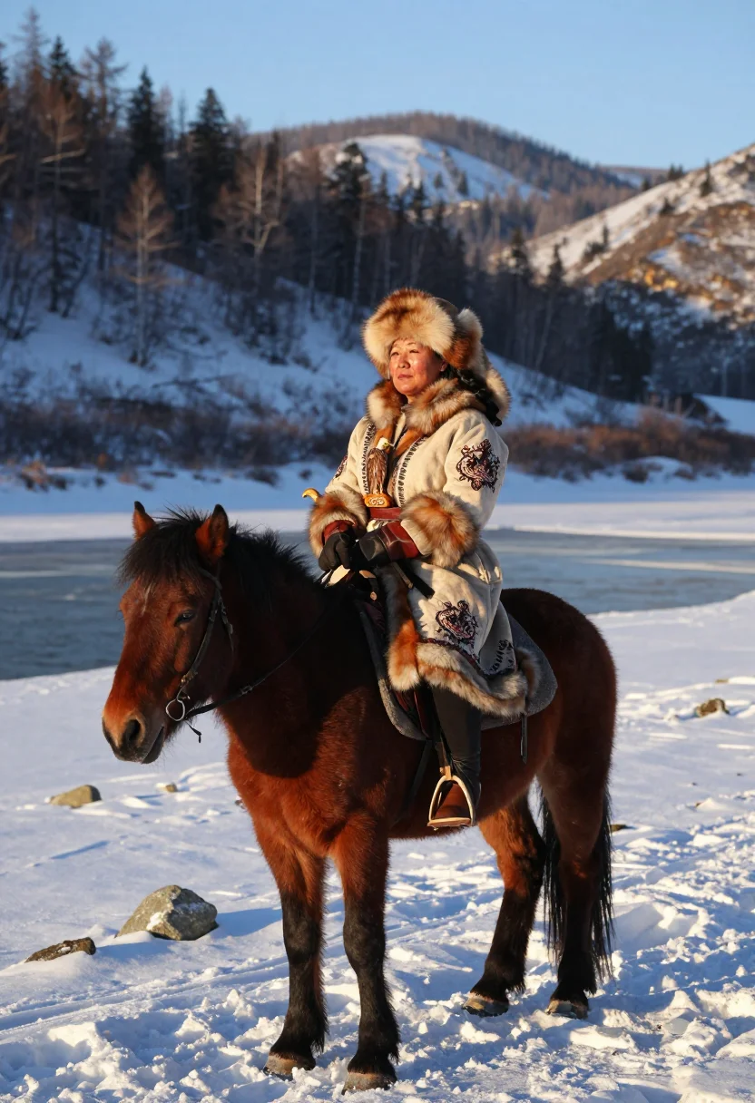 AI eagle hunter sample — three-quarter-length portrait of a Kazakh woman in her forti