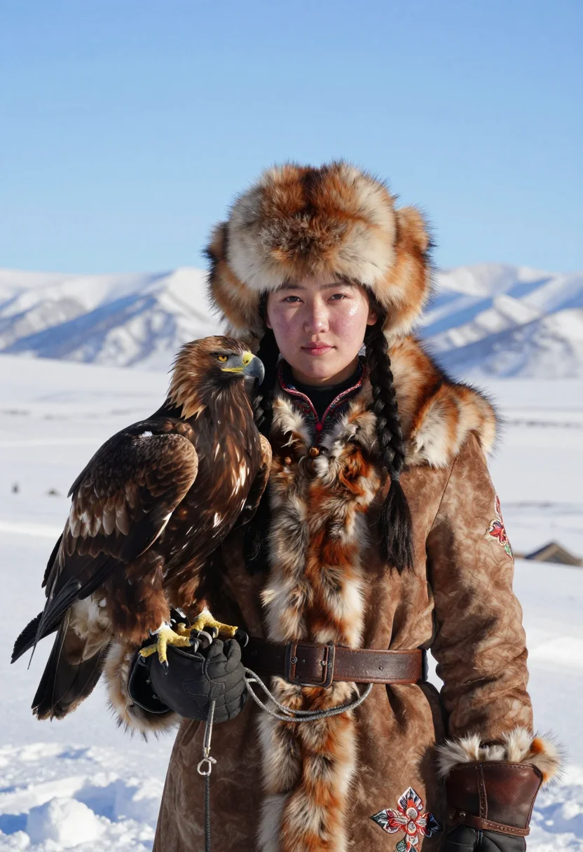 AI eagle hunter sample — chest-up portrait of a Kazakh girl of about sixteen with win