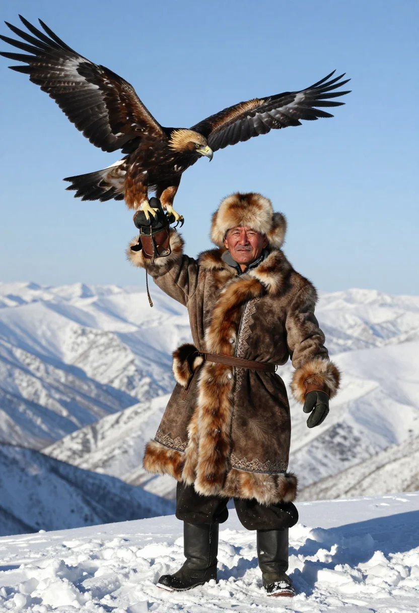 AI eagle hunter sample — full-length portrait of a Kazakh man in his fifties with dee