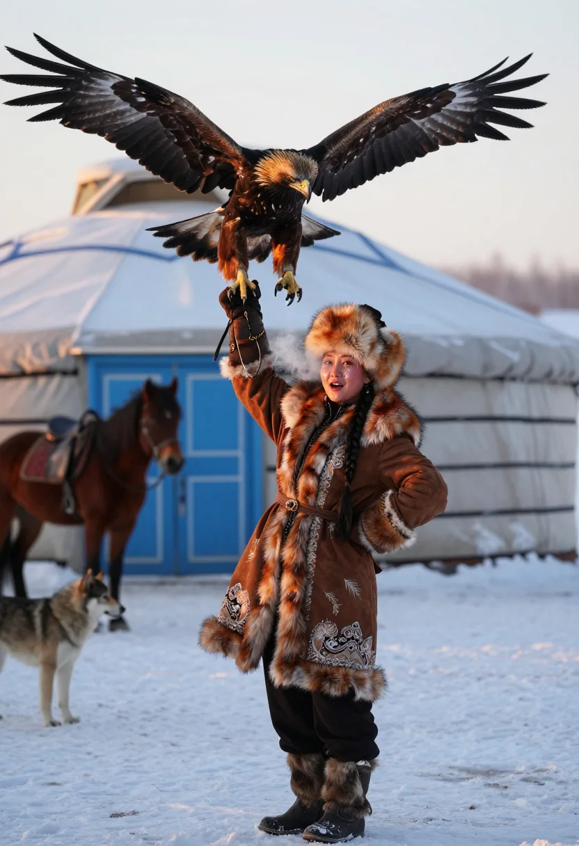 AI eagle hunter sample — three-quarter-length portrait of a Kazakh woman in her late