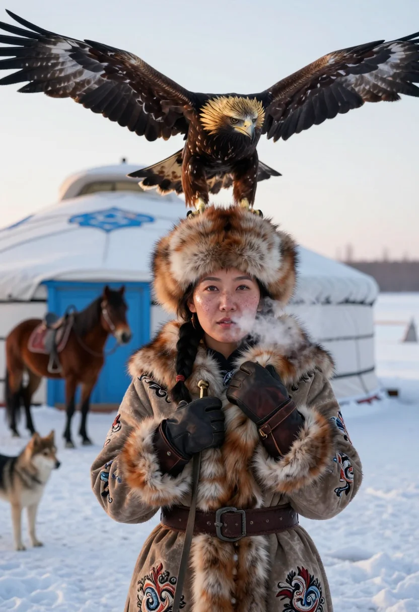 AI eagle hunter sample — chest-up portrait of a Kazakh woman in her thirties with win