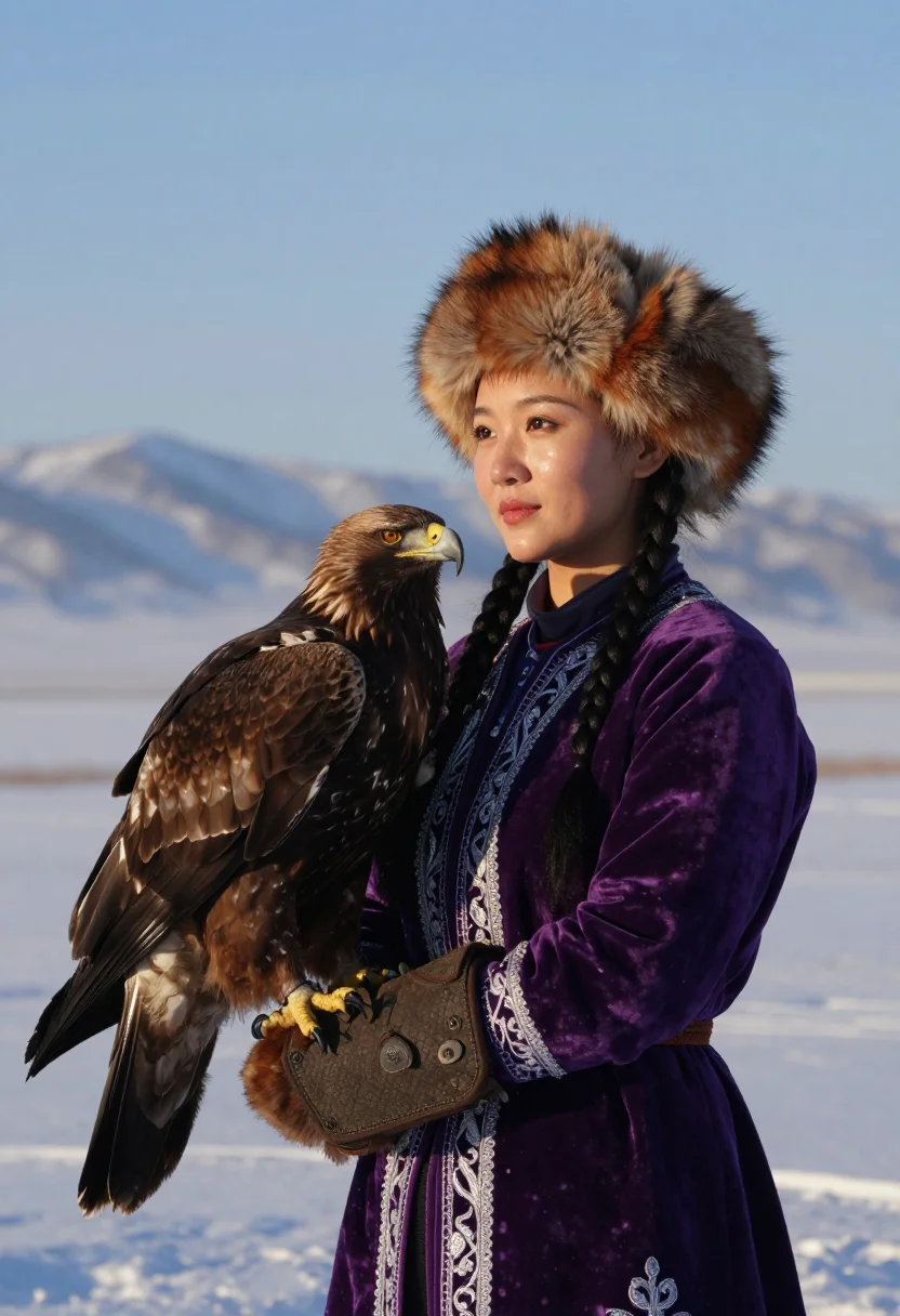 AI eagle huntress sample — close half-length portrait of a young Kazakh huntress turned