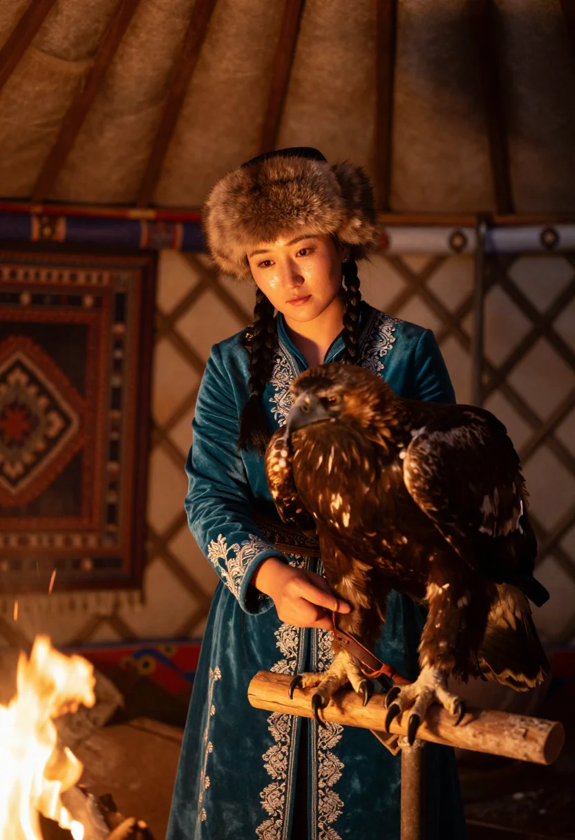 AI eagle huntress sample — half-length portrait of a young Kazakh huntress inside a fel
