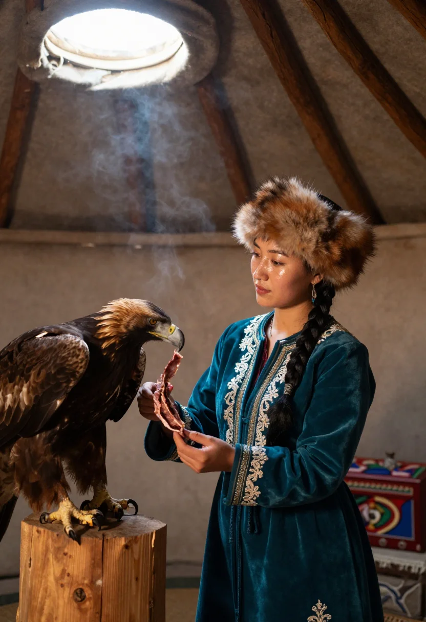 AI eagle huntress sample — bust-length portrait of a young Kazakh huntress in a felt ge