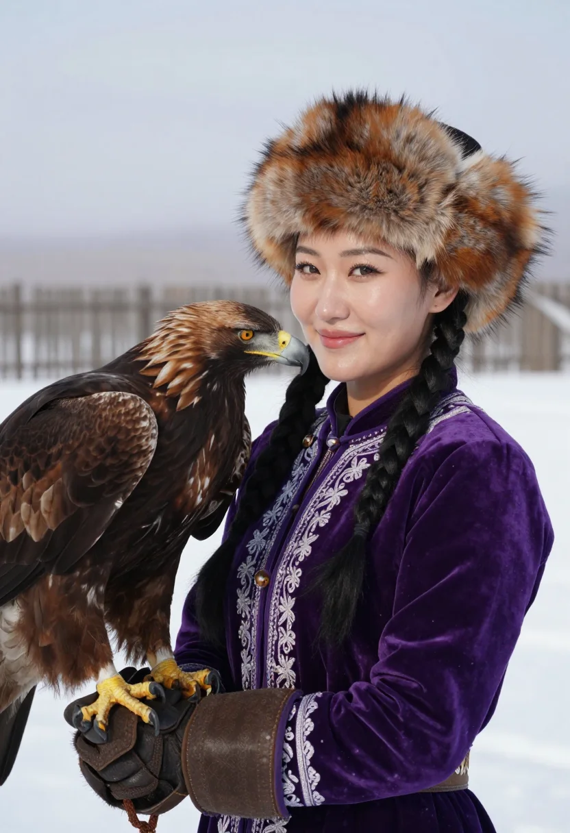 AI eagle huntress sample — close bust-length portrait of a young Kazakh huntress, warm