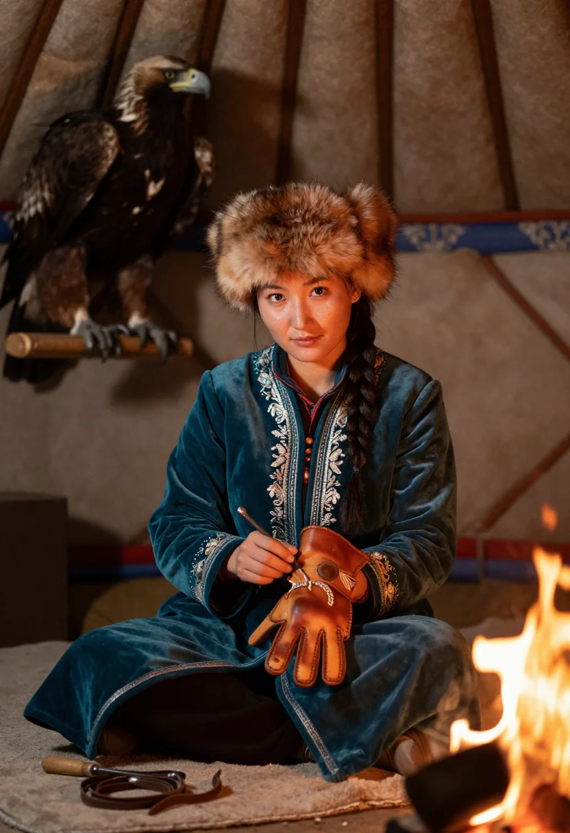 AI eagle huntress sample — three-quarter-length portrait of a young Kazakh huntress sea