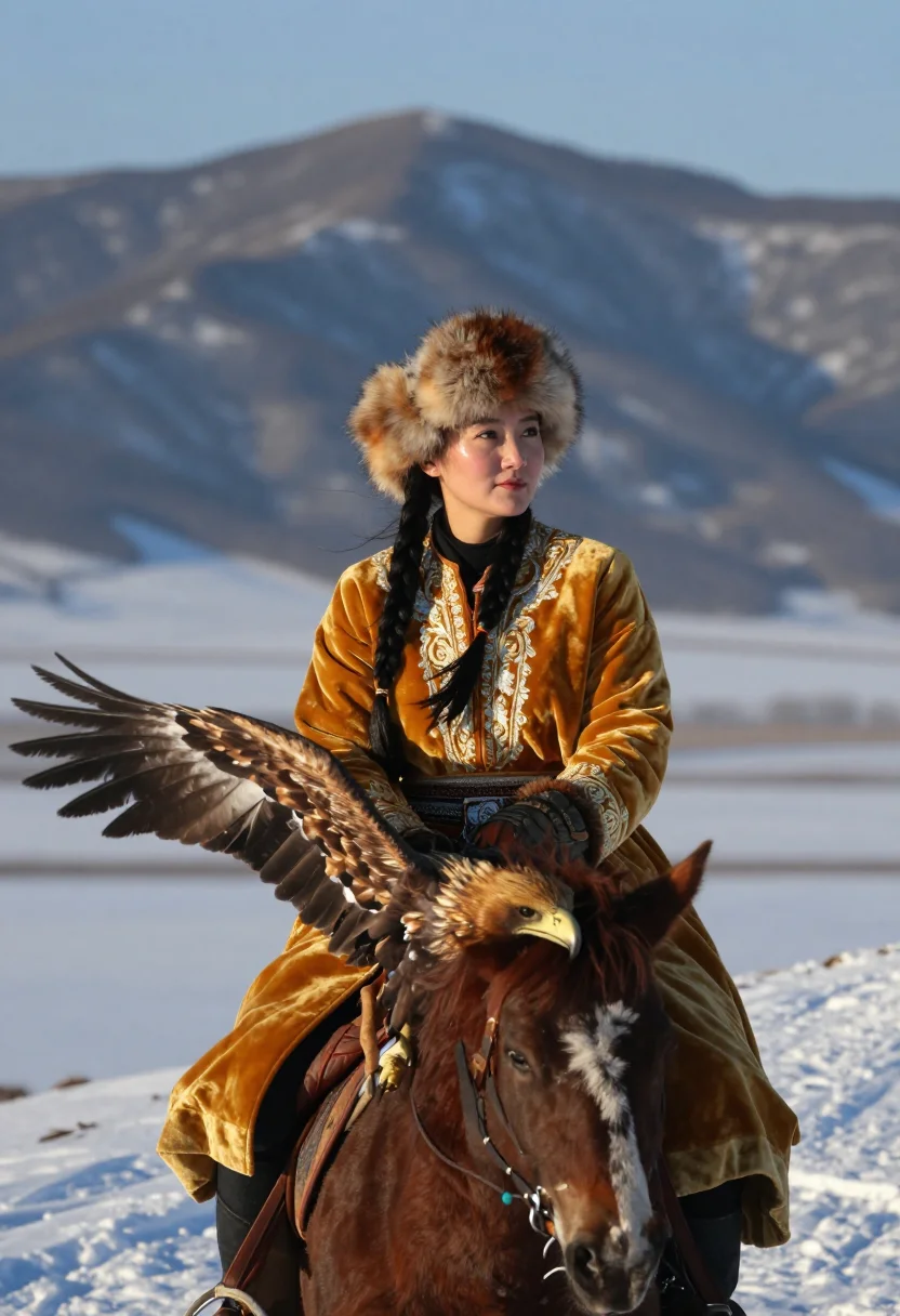 AI eagle huntress sample — dynamic three-quarter-length portrait of a young Kazakh hunt