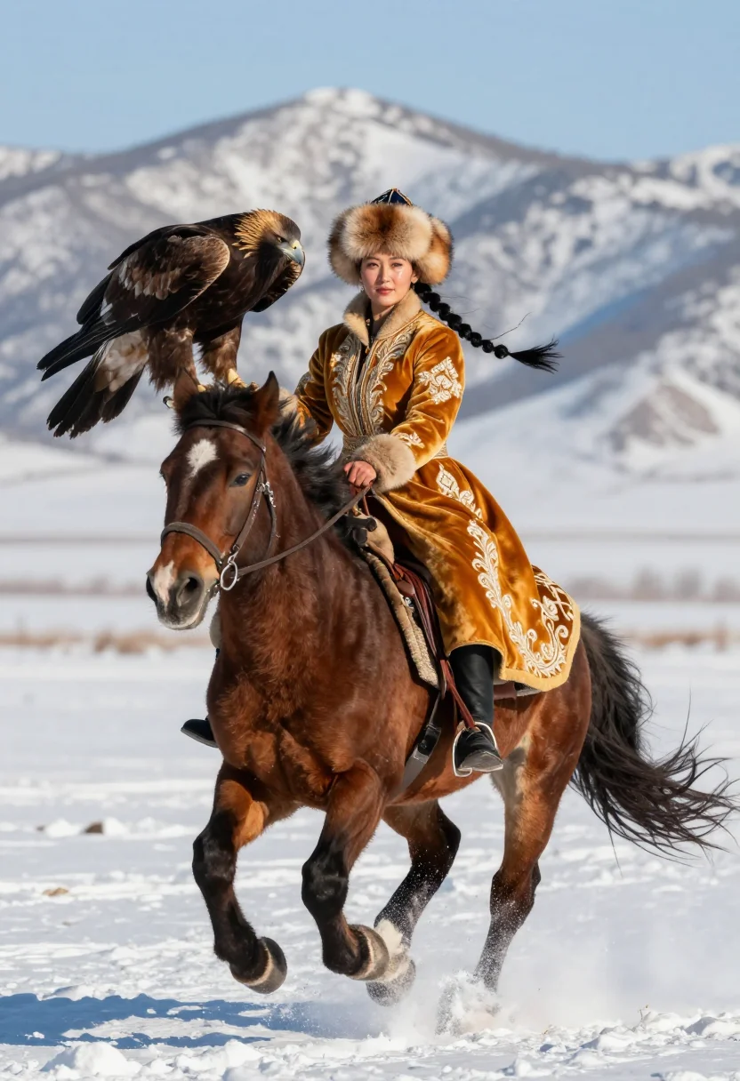 AI eagle huntress sample — dynamic half-length portrait of a young Kazakh huntress at a