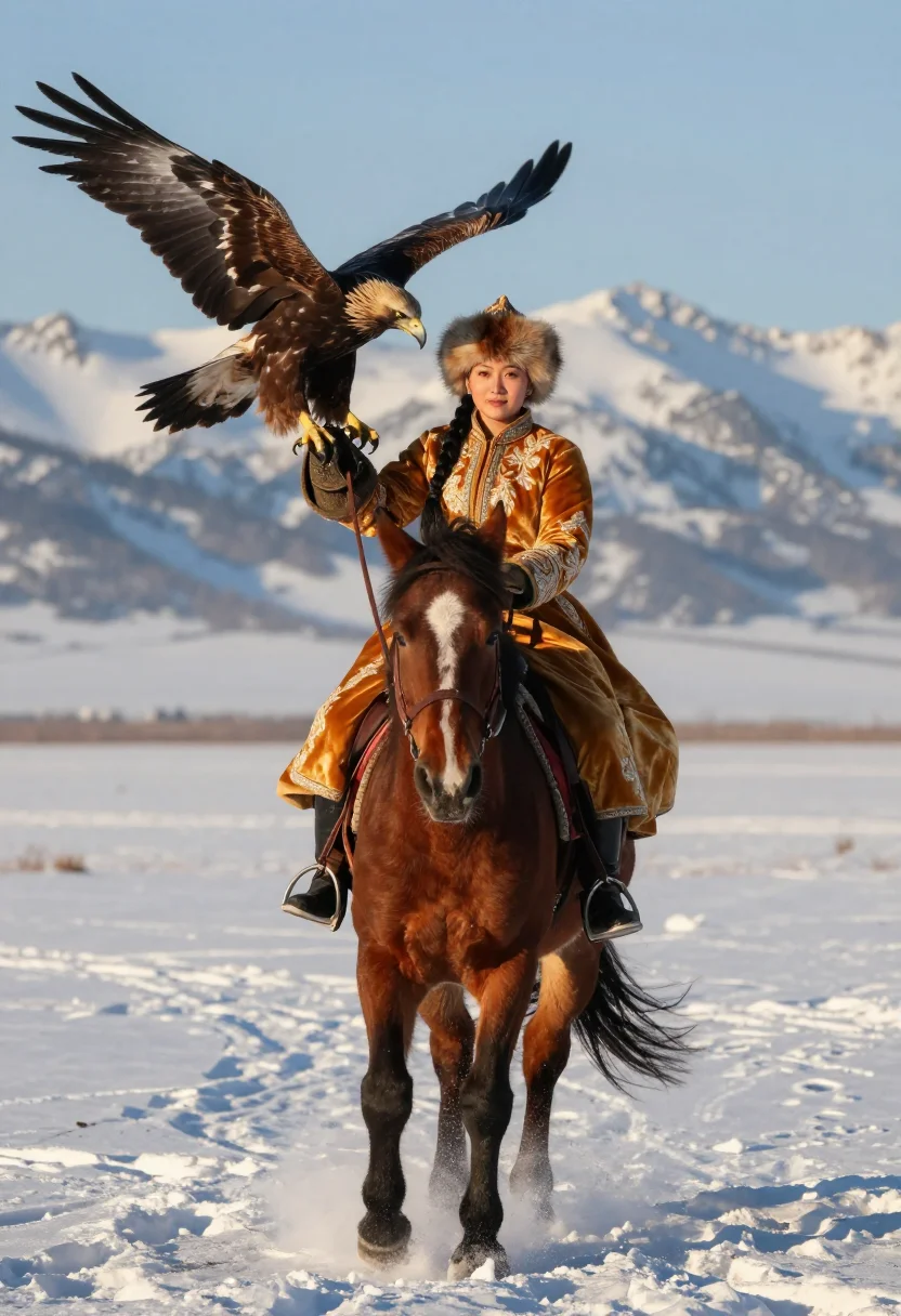 AI eagle huntress sample — dynamic half-length portrait of a young Kazakh huntress rein