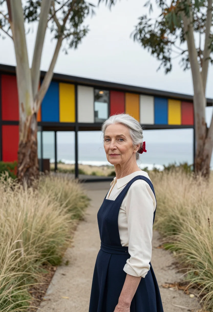 AI eames house designer palette sample — portrait of a woman, in her early sixties, with fair skin, g