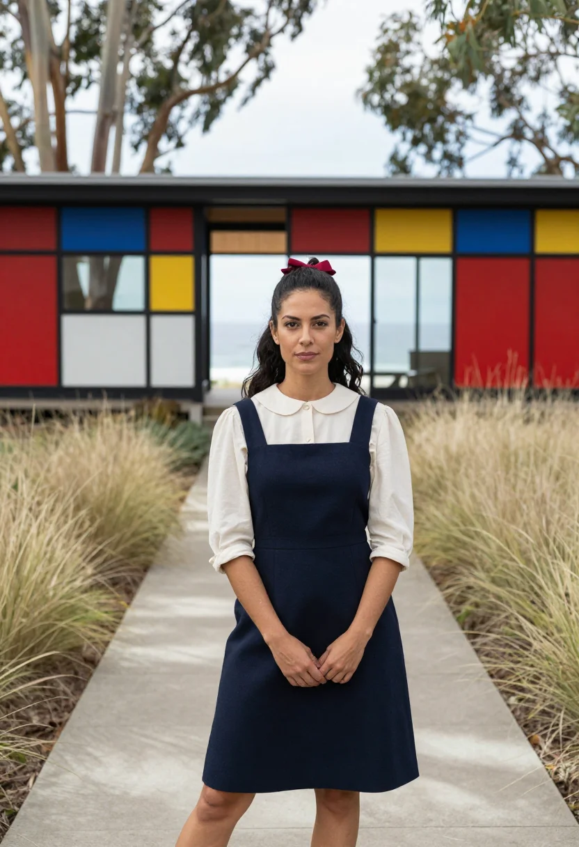 AI eames house designer palette sample — portrait of a woman, in her late thirties, with golden-tan s