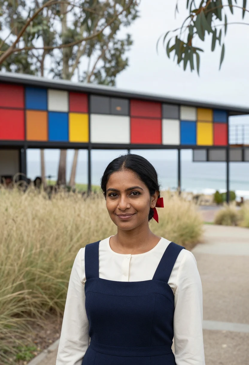 AI eames house designer palette sample — portrait of a woman, of South-Asian descent, in her mid-thir