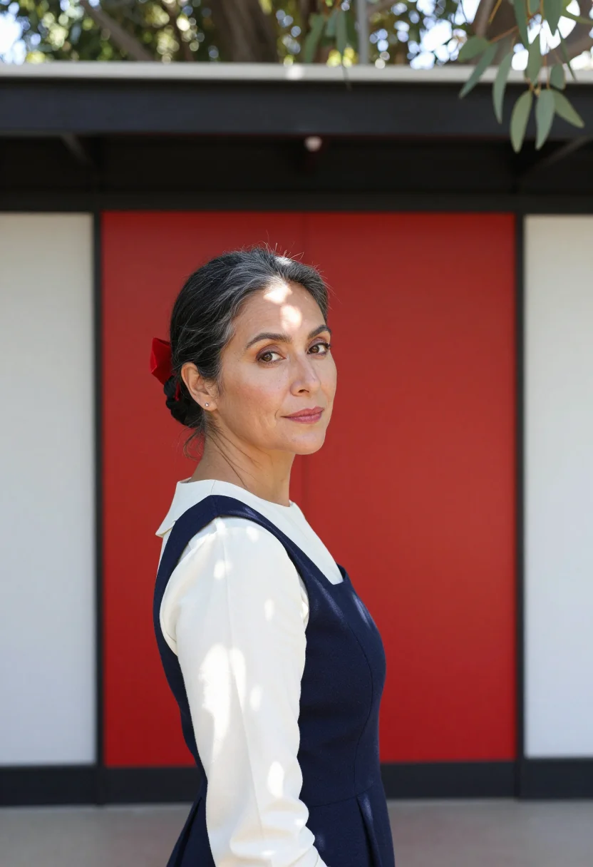 AI eames house designer palette sample — portrait of a woman, in her early fifties, with olive skin,