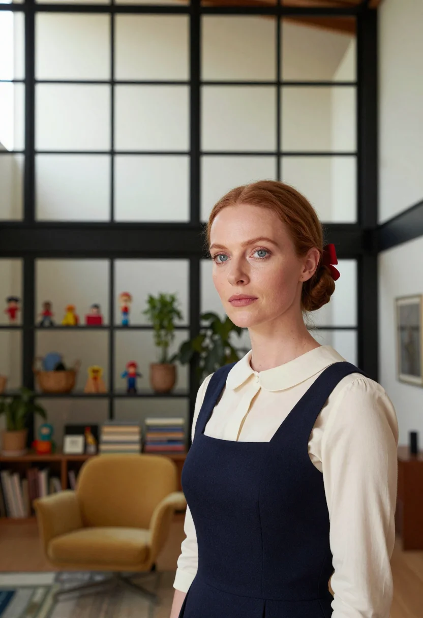 AI eames house designer palette sample — portrait of a woman, in her mid-forties, with pale skin, blu