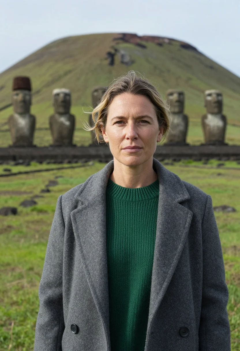 AI easter island archaeologist basalt moai green sample — portrait of a woman, an archaeologist in her late thirties w