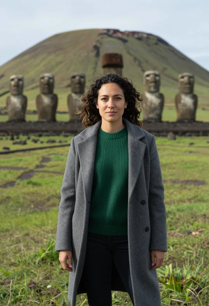 AI easter island archaeologist basalt moai green sample — portrait of a woman, an archaeologist in her mid-forties wit