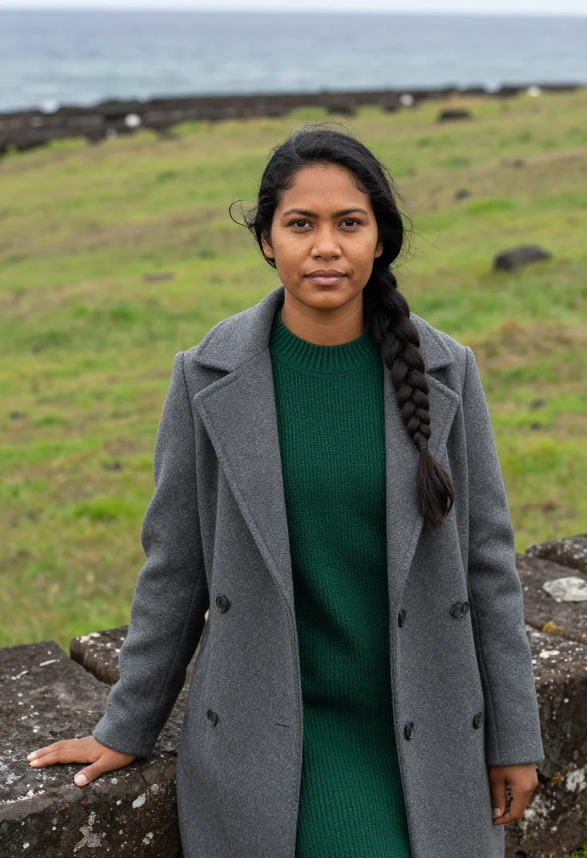 AI easter island archaeologist basalt moai green sample — portrait of a woman, an archaeologist, a Polynesian woman in