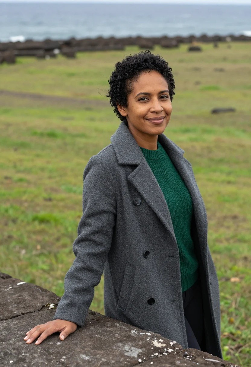 AI easter island archaeologist basalt moai green sample — portrait of a woman, an archaeologist in her mid-thirties wi