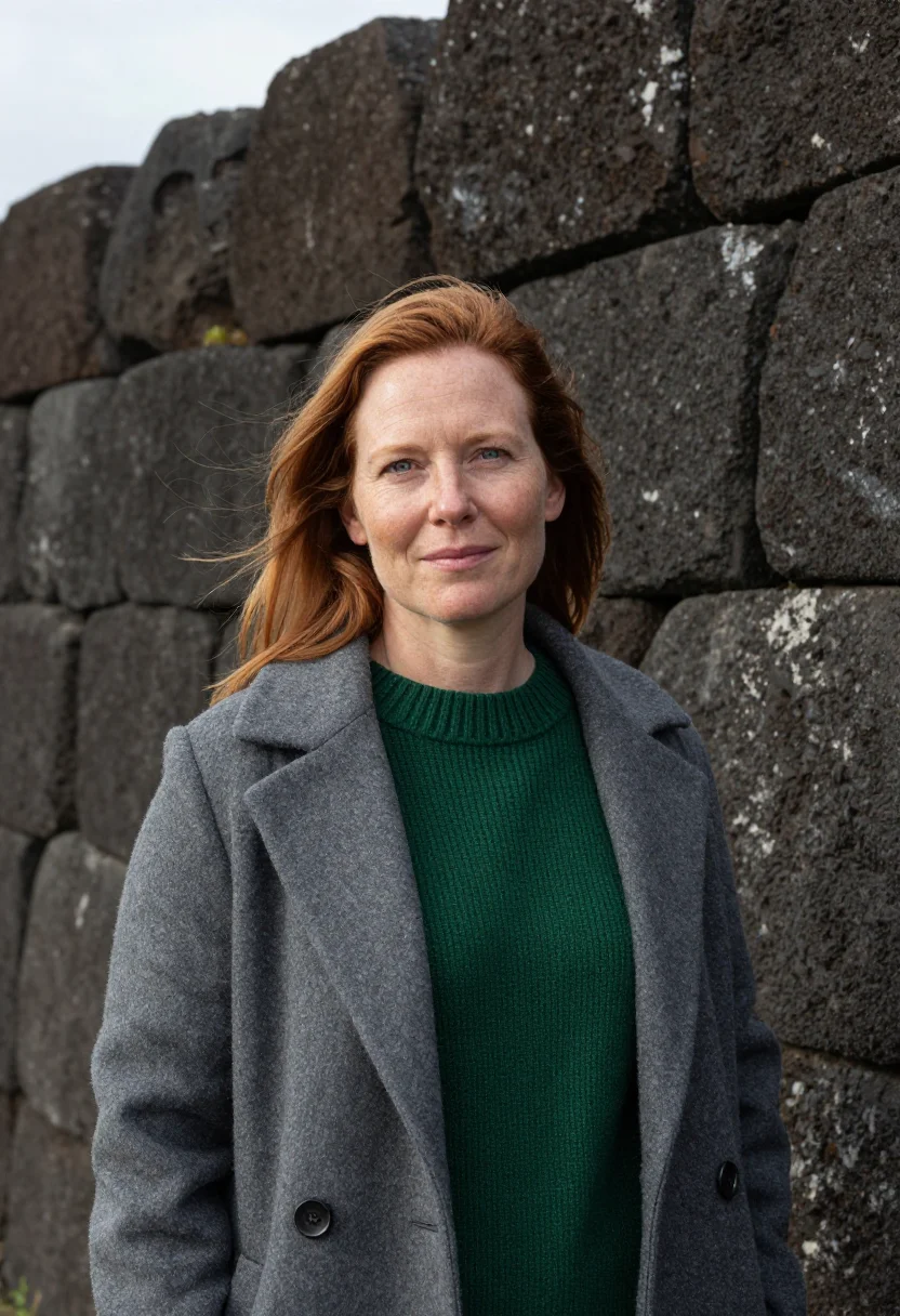 AI easter island archaeologist basalt moai green sample — portrait of a woman, an archaeologist in her early forties w
