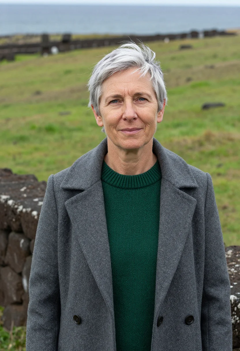 AI easter island archaeologist basalt moai green sample — portrait of a woman, an archaeologist in her mid-fifties wit