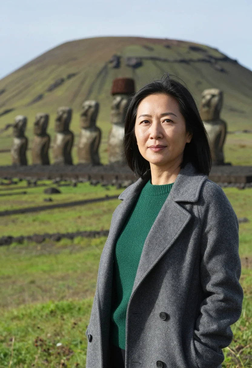 AI easter island archaeologist basalt moai green sample — portrait of a woman, an archaeologist, an East-Asian woman i