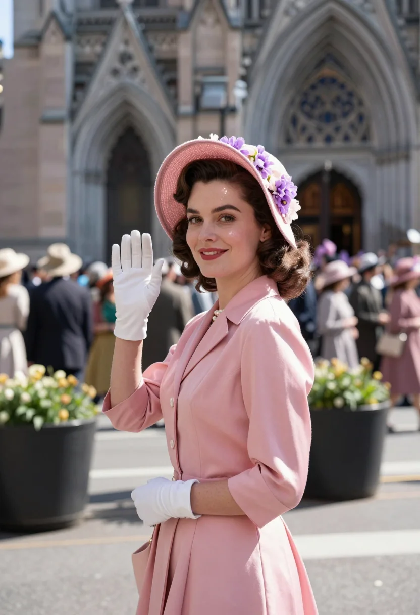 AI easter parade fifth avenue sample — portrait of a woman, in her late twenties, with warm fair sk