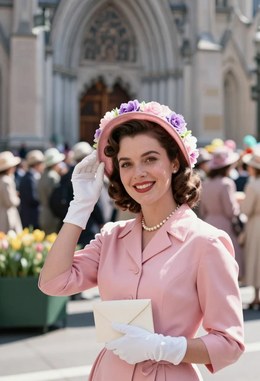 AI easter parade fifth avenue sample — portrait of a woman, in her late twenties, with warm fair sk