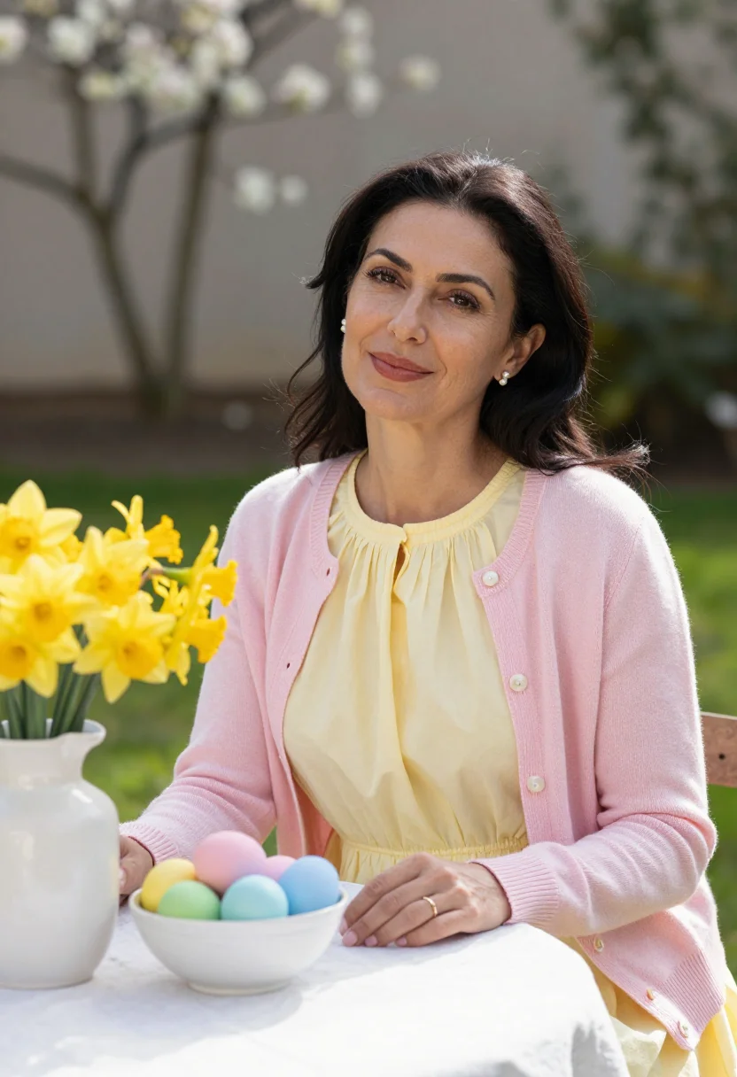 AI easter sunday lunch garden pastel sample — portrait of a woman, framed chest-up, the camera at eye heig