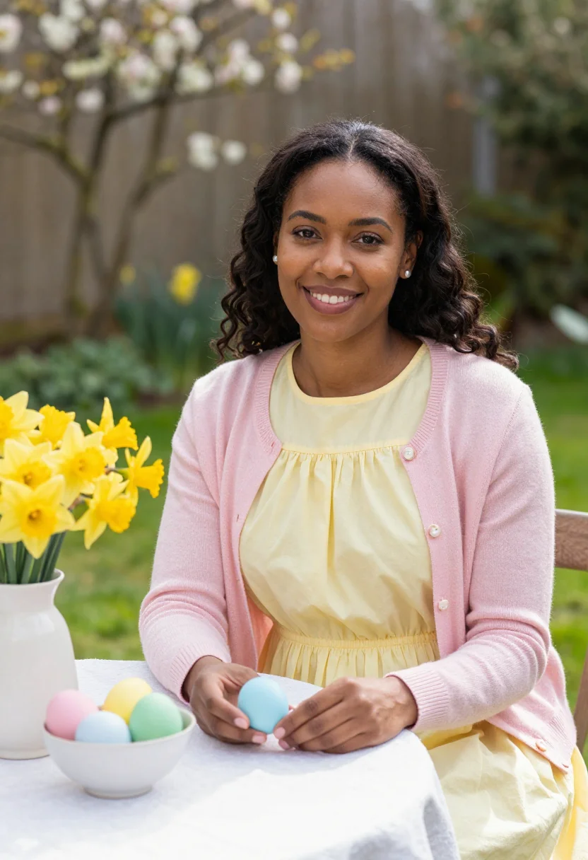 AI easter sunday lunch garden pastel sample — portrait of a woman, framed half-length from the head to the