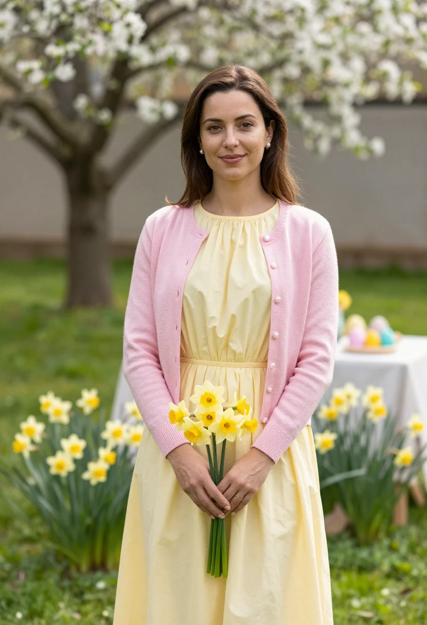 AI easter sunday lunch garden pastel sample — portrait of a woman, framed half-length from the head to the