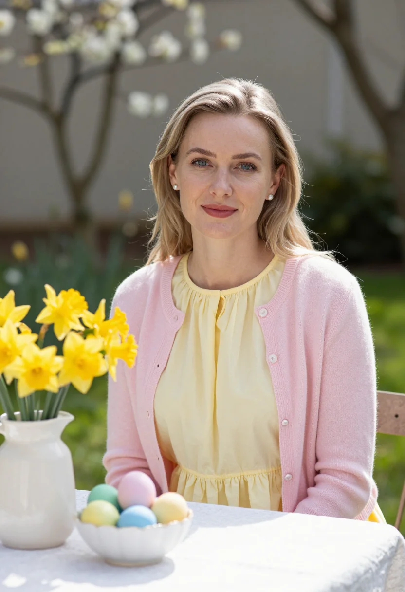 AI easter sunday lunch garden pastel sample — portrait of a woman, framed tight, head and shoulders, the b