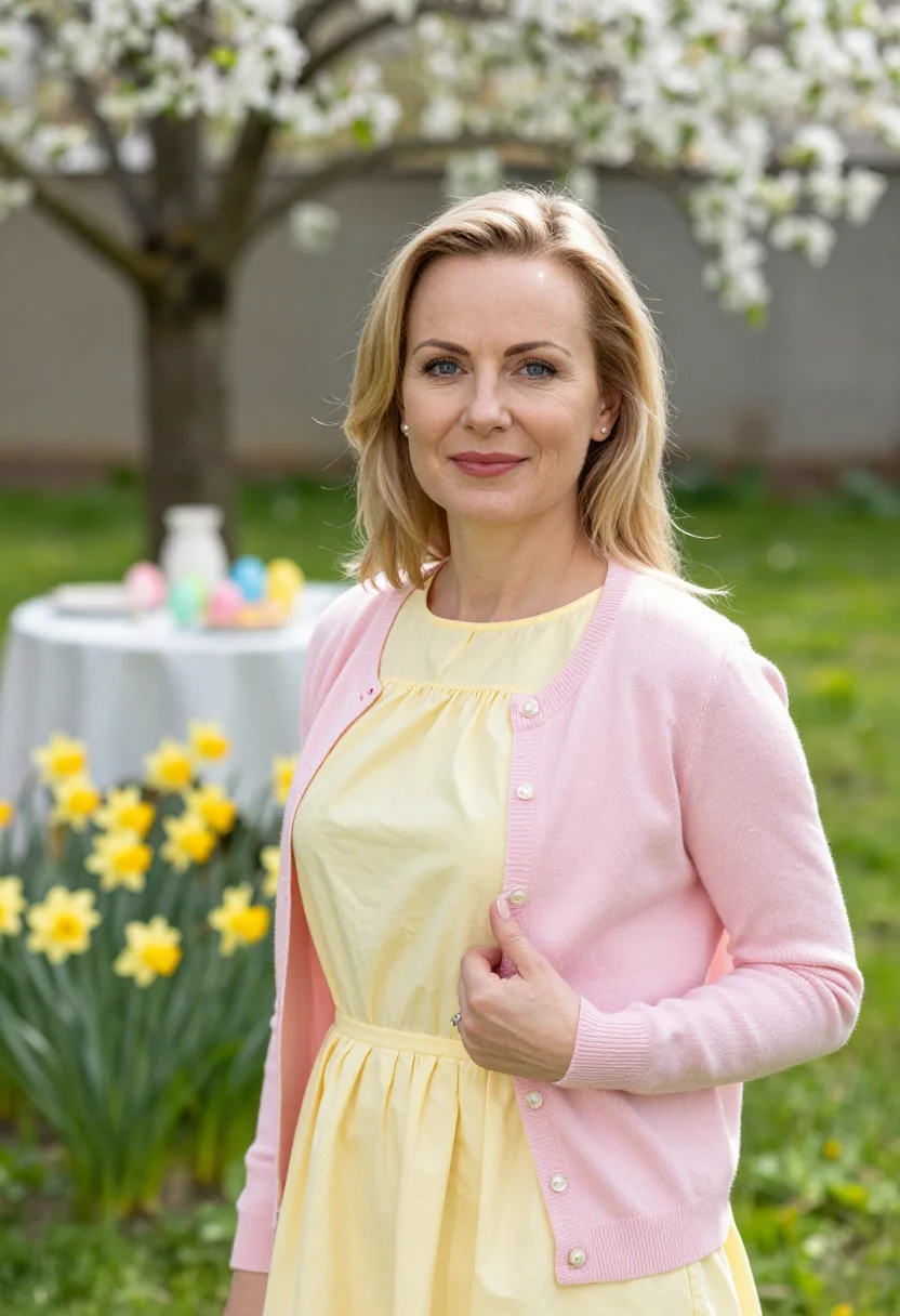AI easter sunday lunch garden pastel sample — portrait of a woman, framed chest-up, the camera at eye heig