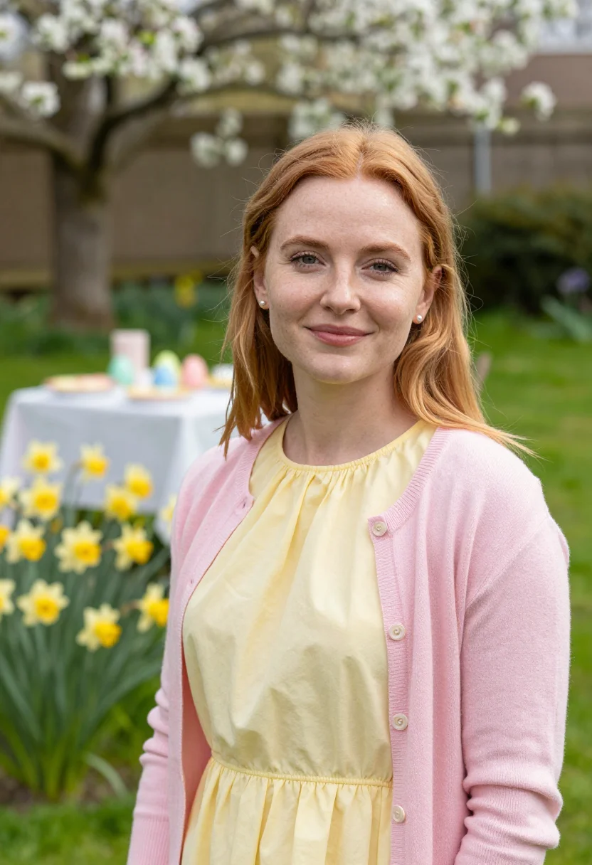 AI easter sunday lunch garden pastel sample — portrait of a woman, framed tight, head and shoulders, the b