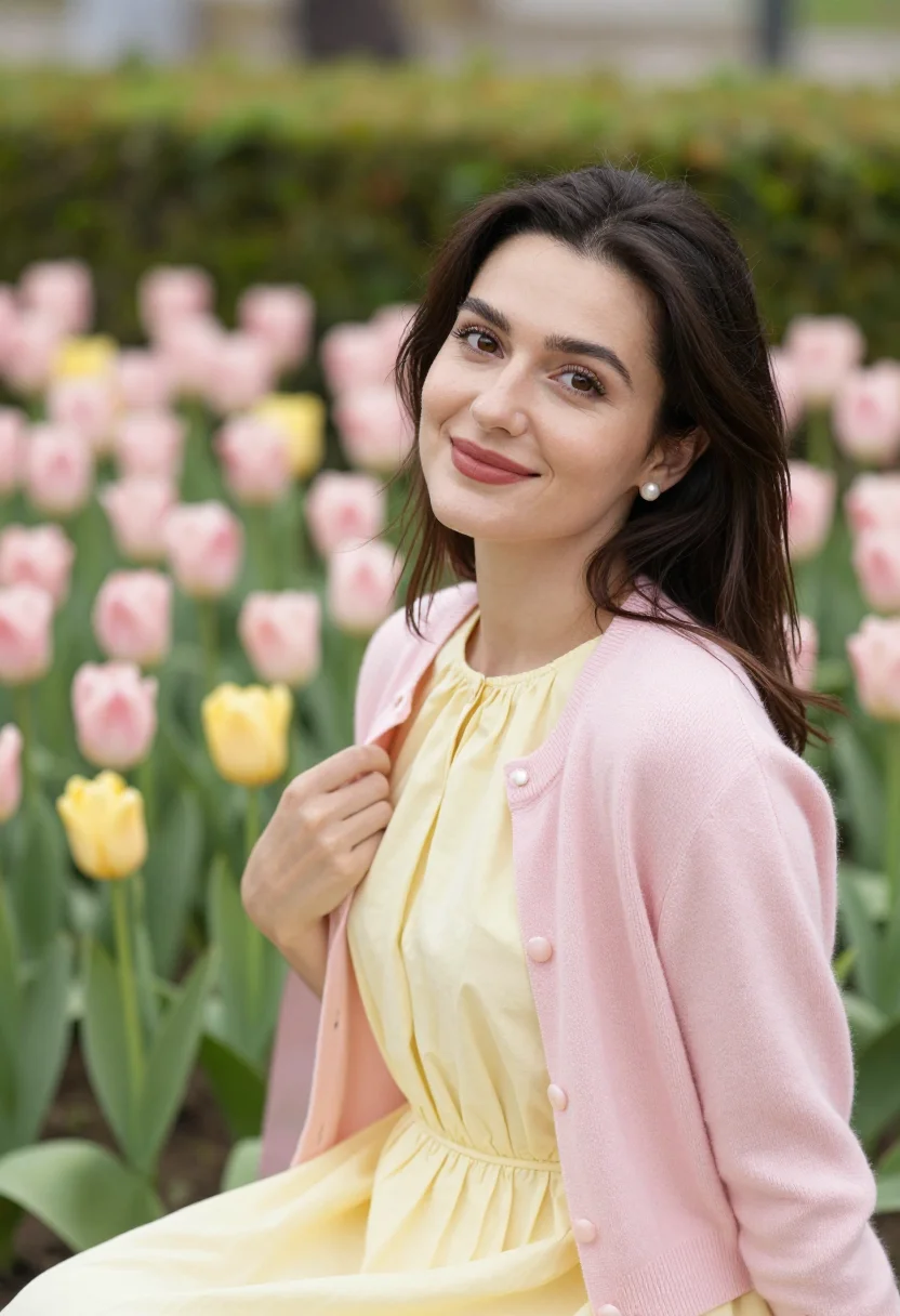 AI easter sunday lunch garden pastel sample — portrait of a woman, framed chest-up, the camera at eye heig