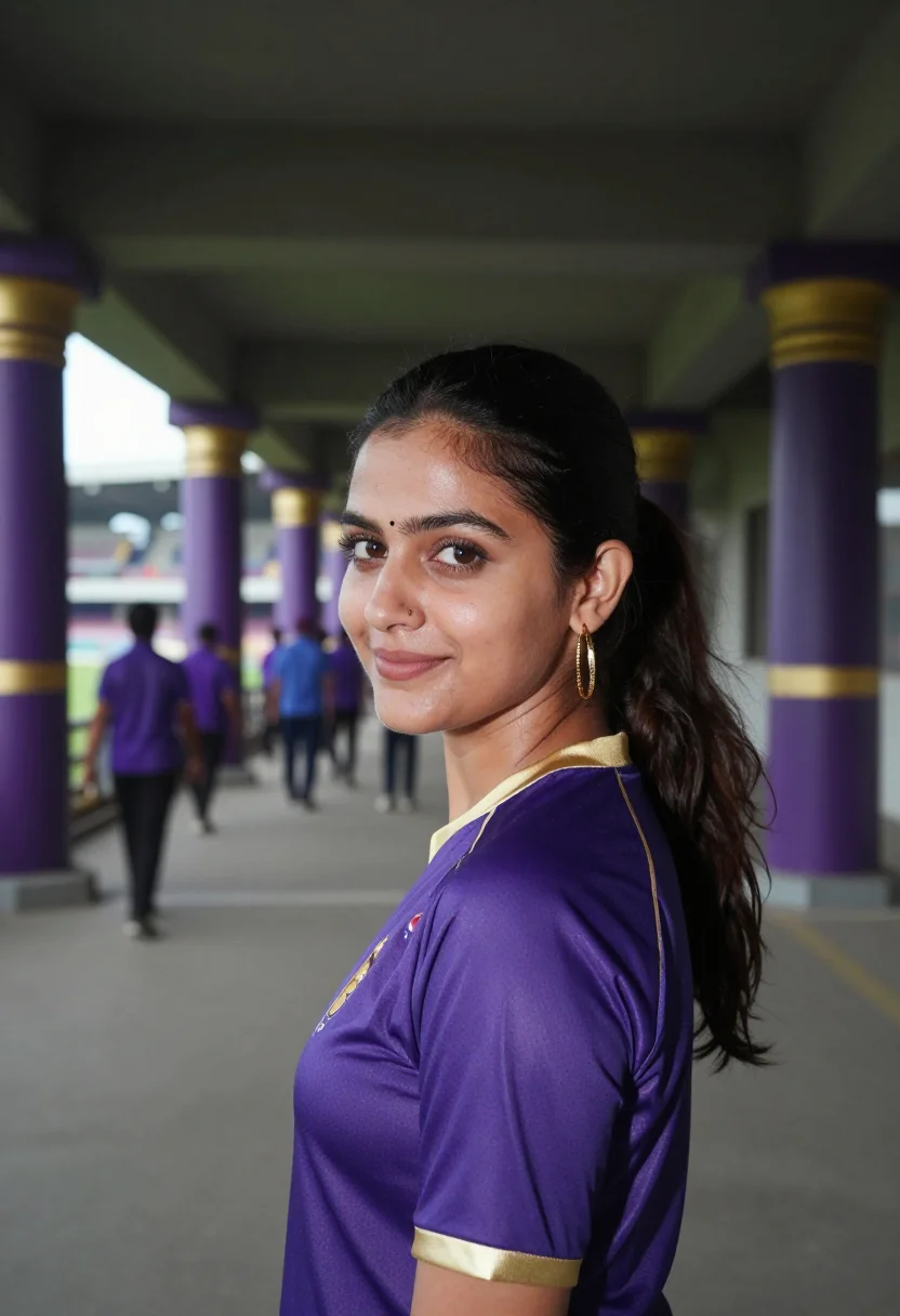 AI eden gardens kolkata ipl night purple gold sample — portrait of a woman, a Punjabi cricket fan in her late twent