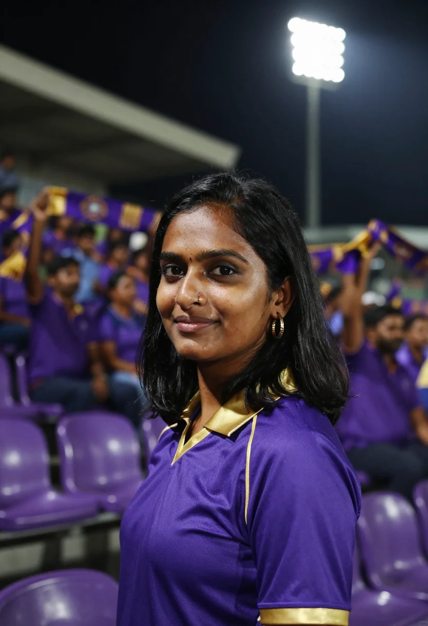 AI eden gardens kolkata ipl night purple gold sample — portrait of a woman, a South-Asian cricket fan in her early