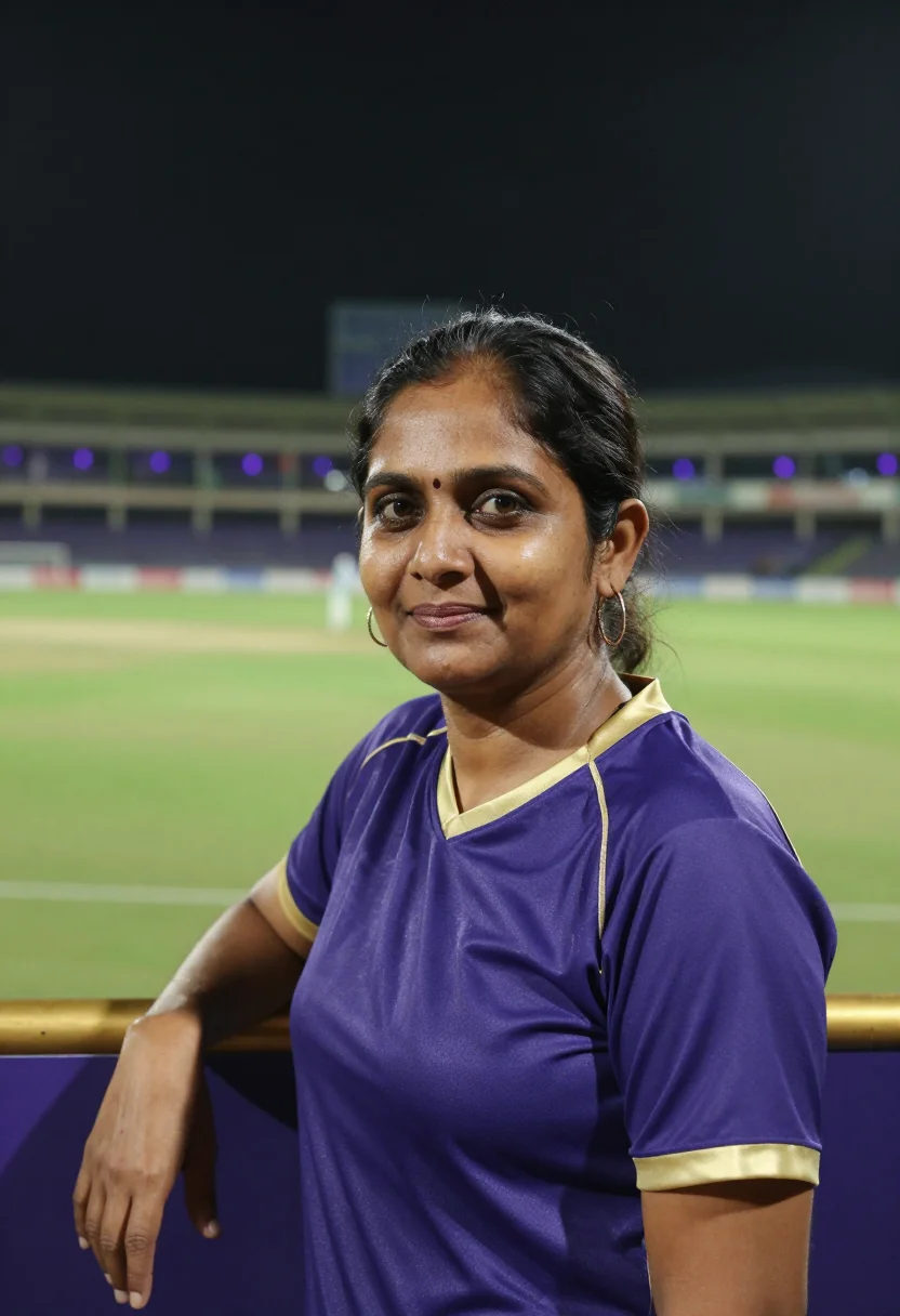 AI eden gardens kolkata ipl night purple gold sample — portrait of a woman, a South-Asian cricket fan in her late t