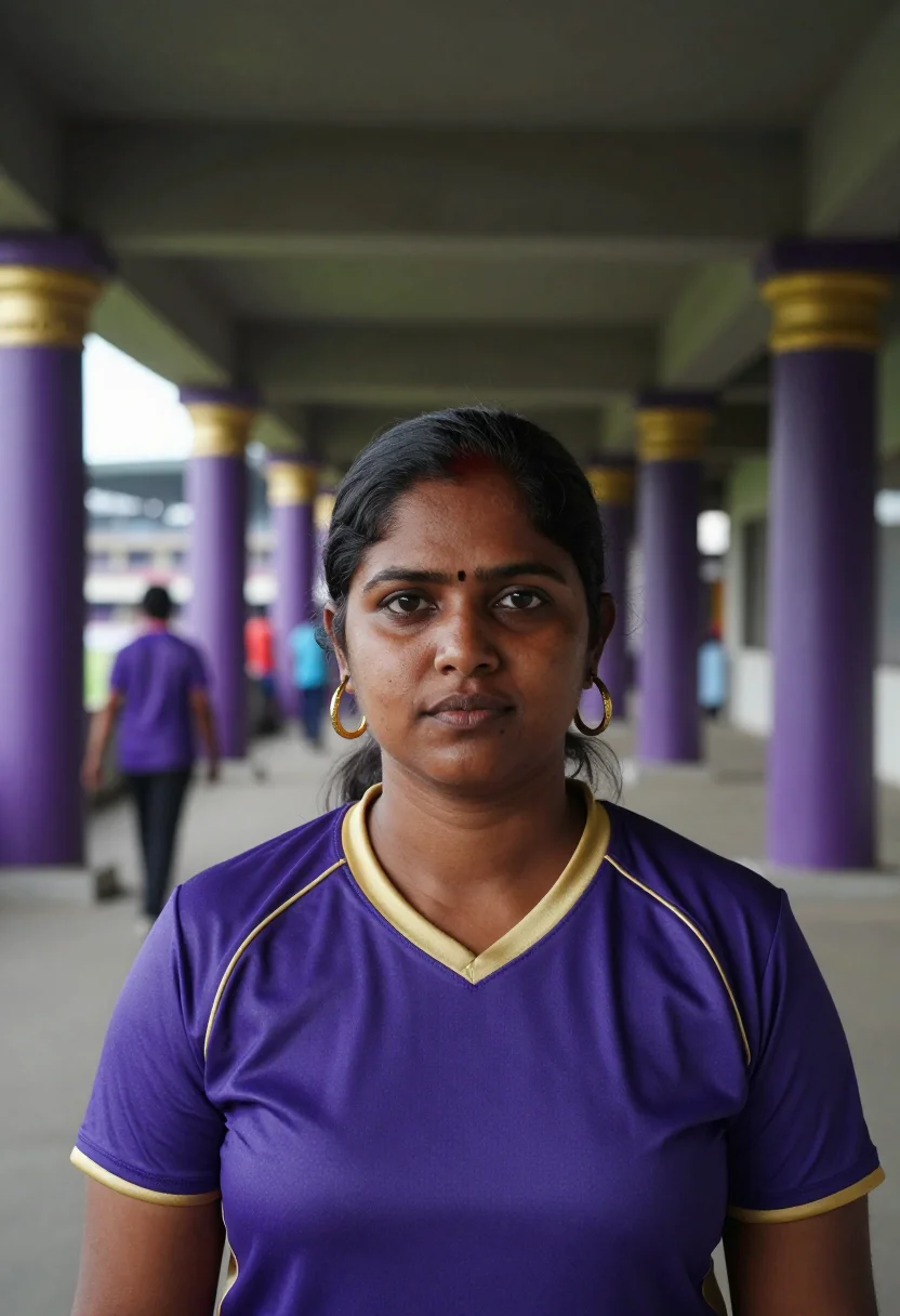 AI eden gardens kolkata ipl night purple gold sample — portrait of a woman, a Bengali cricket fan in her mid-thirti