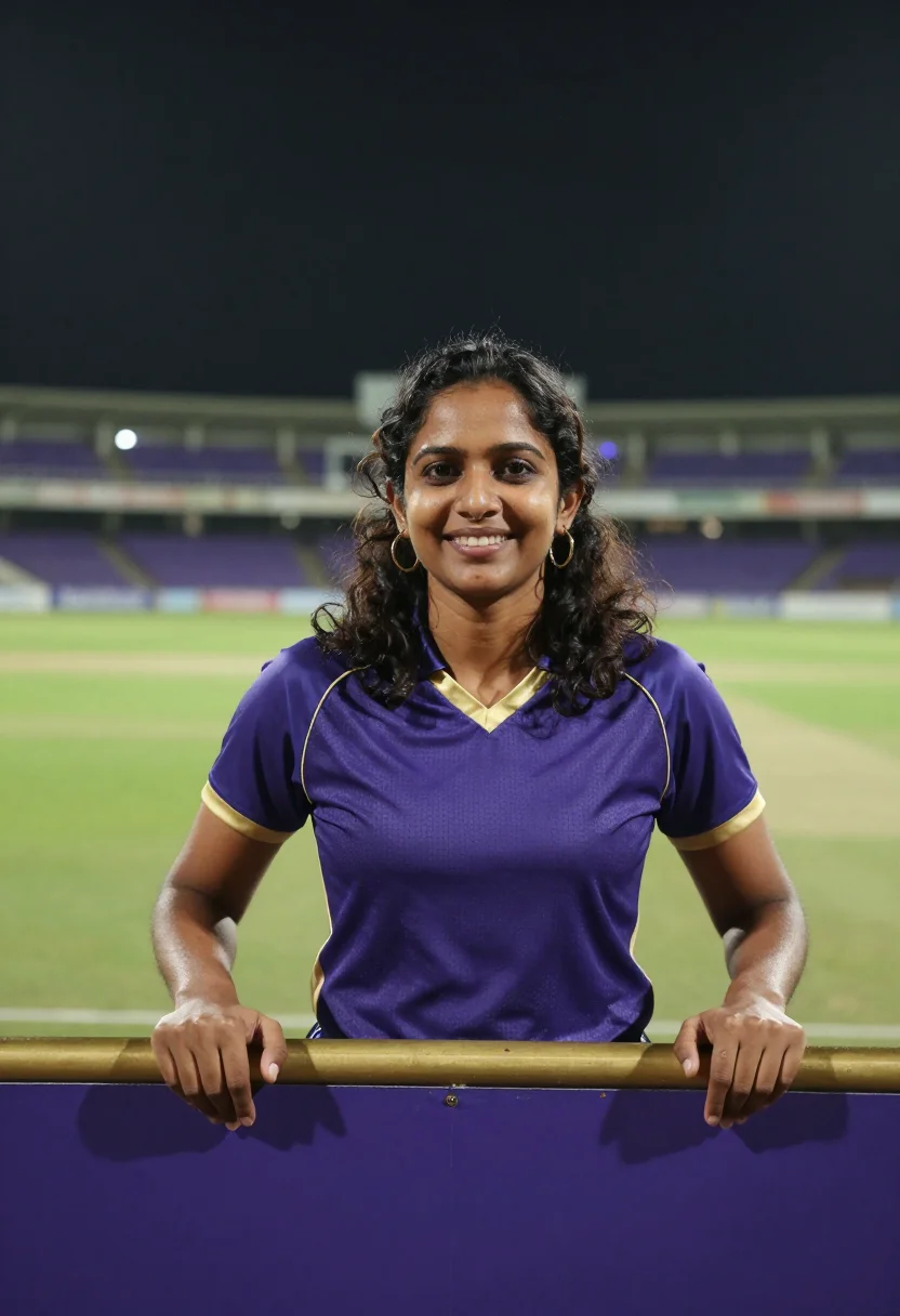 AI eden gardens kolkata ipl night purple gold sample — portrait of a woman, a Anglo-Indian cricket fan in her early