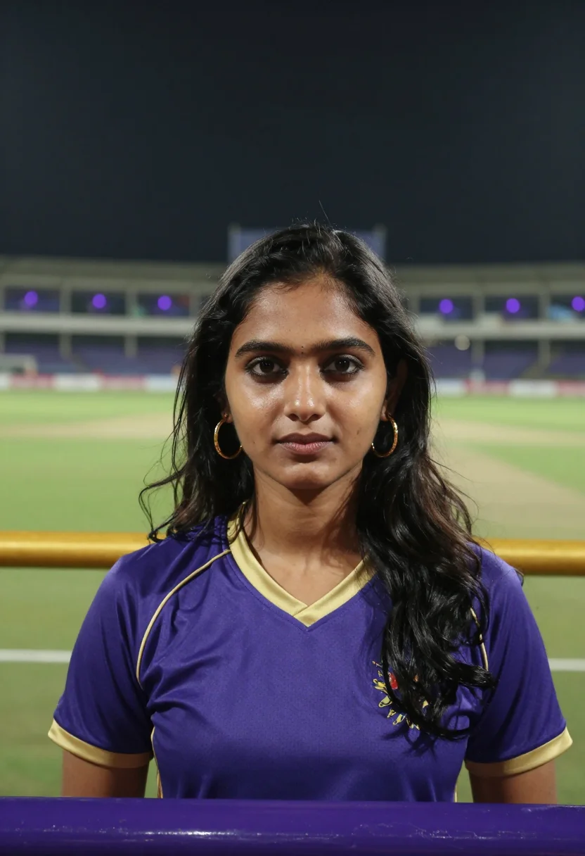 AI eden gardens kolkata ipl night purple gold sample — portrait of a woman, a Bengali cricket fan in her early twen