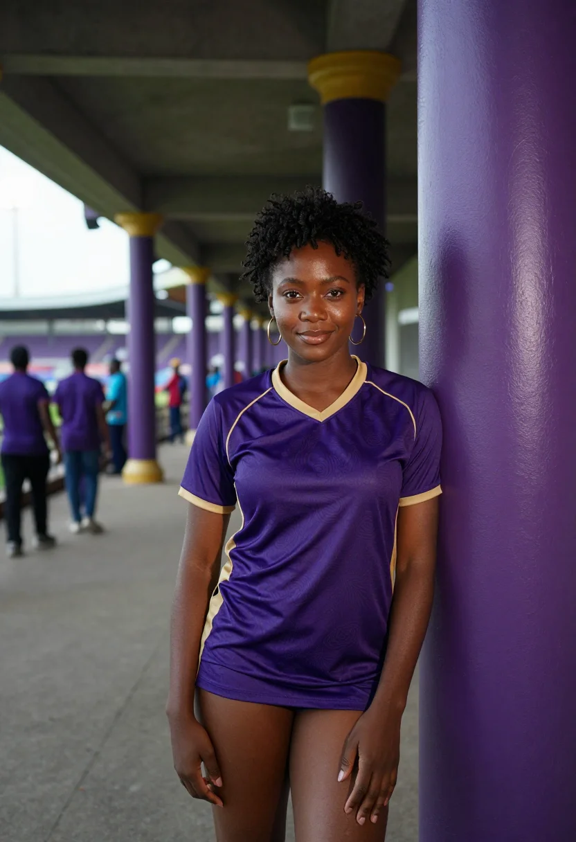 AI eden gardens kolkata ipl night purple gold sample — portrait of a woman, a Afro-Caribbean cricket fan in her ear