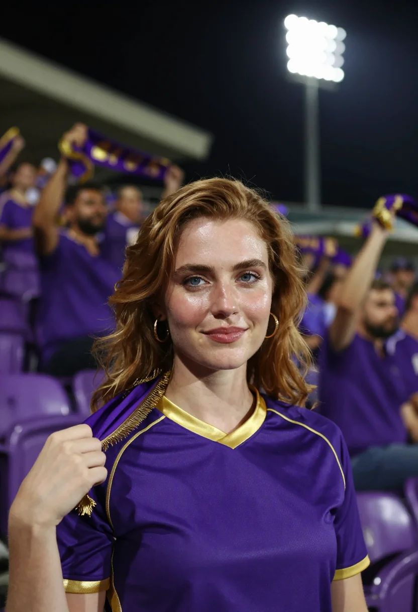 AI eden gardens kolkata ipl night purple gold sample — portrait of a woman, a Western-European cricket fan in her m